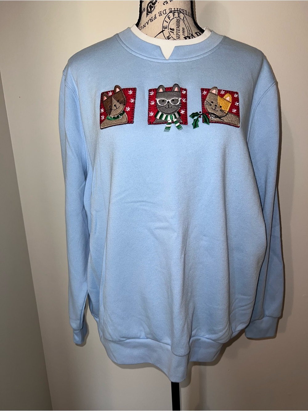 VTG BonWorth Light Blue Christmas Cats Embroidered Sweatshirt Size Large